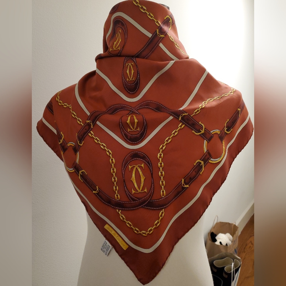 must de Cartier Large Square Silk Scarf Rust Red Gold Chain  Logo Print
